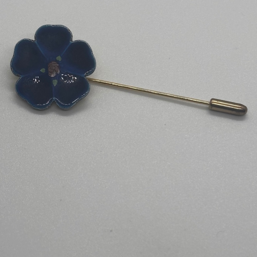Vintage Floral Stick Pin Blue Enamel Flower Gold Tone Lapel Hat Brooch